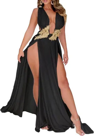 Ekaliy Women Sexy Deep V Neck Maxi Dress High Slit Embroidery Long Evening Dress Clubwear