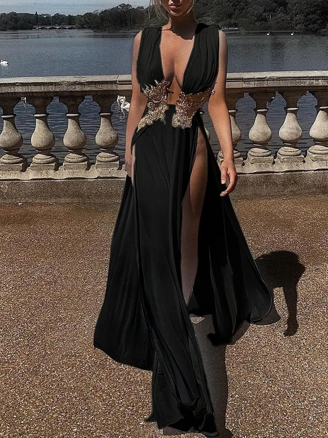 Ekaliy Women Sexy Deep V Neck Maxi Dress High Slit Embroidery Long Evening Dress Clubwear
