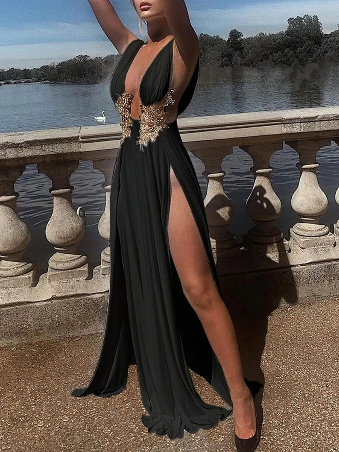 Ekaliy Women Sexy Deep V Neck Maxi Dress High Slit Embroidery Long Evening Dress Clubwear