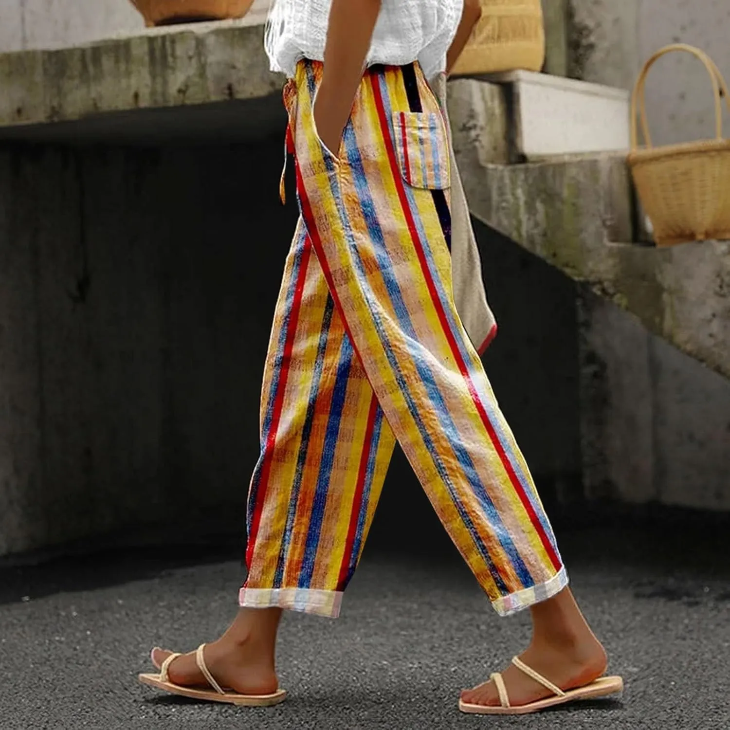Elastic Waist Linen Capris Pants for Women Cropped Wide Leg Summer Beachwear Casual Boho Trousers with Pockets