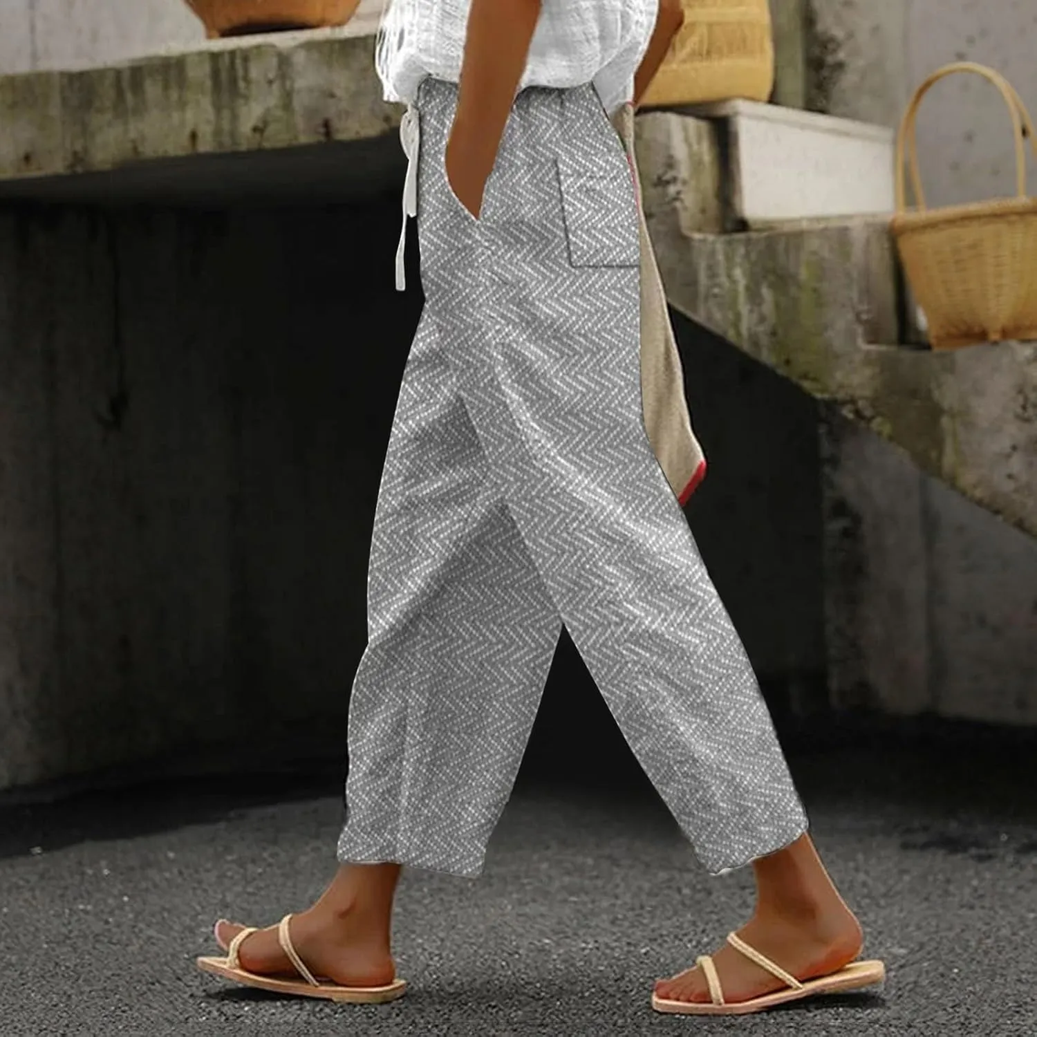 Elastic Waist Linen Capris Pants for Women Cropped Wide Leg Summer Beachwear Casual Boho Trousers with Pockets