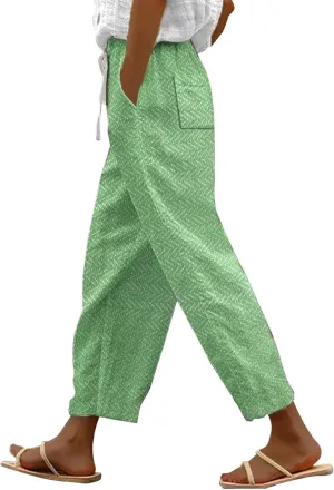 Elastic Waist Linen Capris Pants for Women Cropped Wide Leg Summer Beachwear Casual Boho Trousers with Pockets