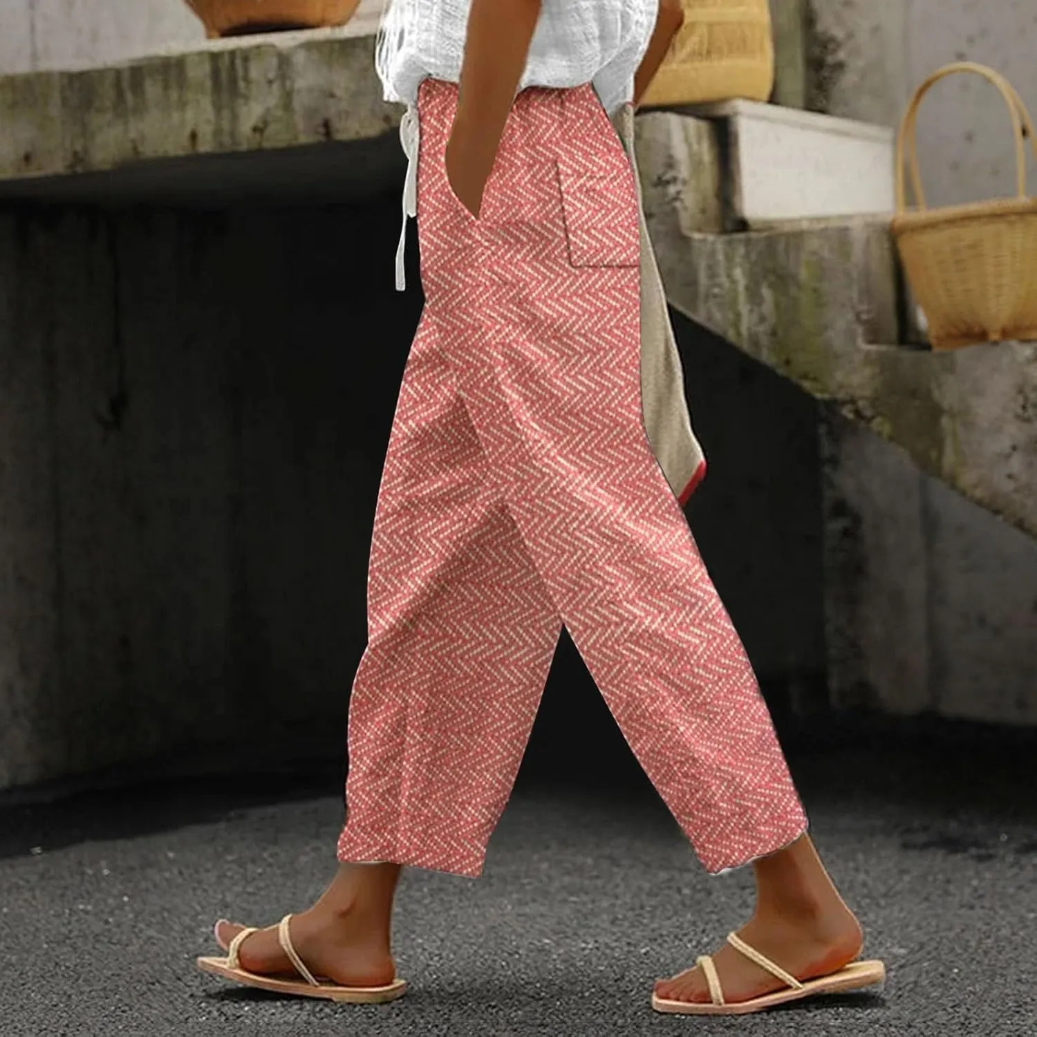 Elastic Waist Linen Capris Pants for Women Cropped Wide Leg Summer Beachwear Casual Boho Trousers with Pockets