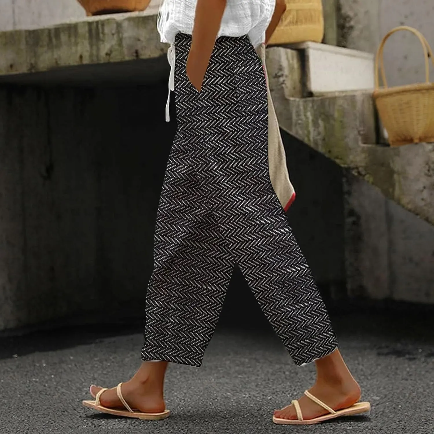 Elastic Waist Linen Capris Pants for Women Cropped Wide Leg Summer Beachwear Casual Boho Trousers with Pockets