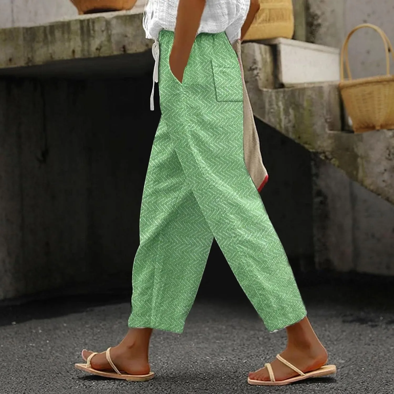 Elastic Waist Linen Capris Pants for Women Cropped Wide Leg Summer Beachwear Casual Boho Trousers with Pockets