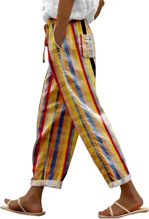 Elastic Waist Linen Capris Pants for Women Cropped Wide Leg Summer Beachwear Casual Boho Trousers with Pockets