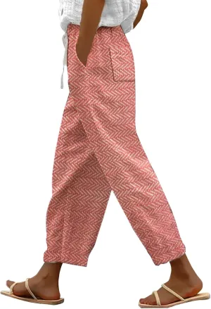 Elastic Waist Linen Capris Pants for Women Cropped Wide Leg Summer Beachwear Casual Boho Trousers with Pockets