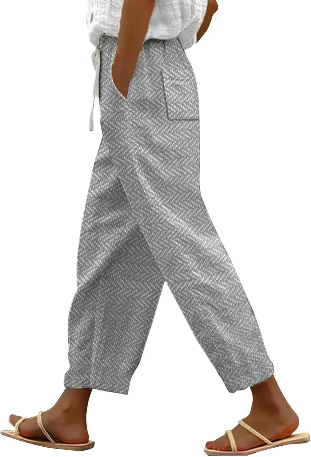 Elastic Waist Linen Capris Pants for Women Cropped Wide Leg Summer Beachwear Casual Boho Trousers with Pockets