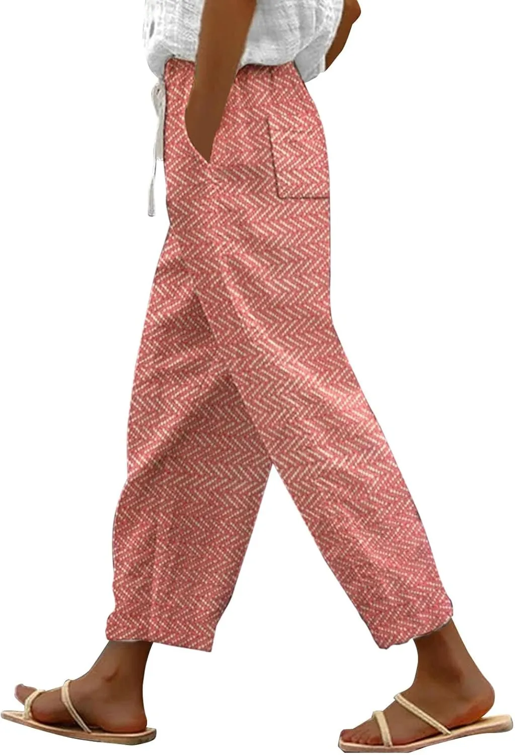 Elastic Waist Linen Capris Pants for Women Cropped Wide Leg Summer Beachwear Casual Boho Trousers with Pockets