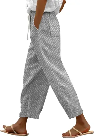 Elastic Waist Linen Capris Pants for Women Cropped Wide Leg Summer Beachwear Casual Boho Trousers with Pockets
