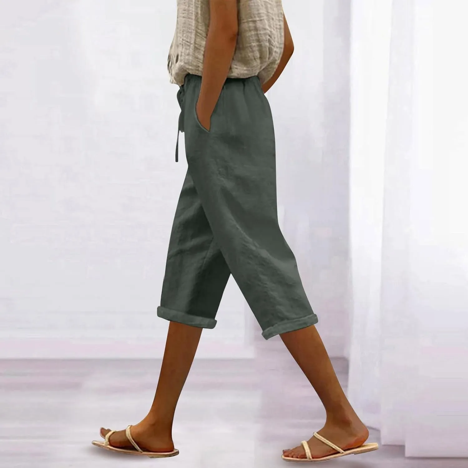 Elastic Waist Linen Capris Pants for Women Cropped Wide Leg Summer Beachwear Casual Boho Trousers with Pockets