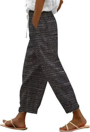 Elastic Waist Linen Capris Pants for Women Cropped Wide Leg Summer Beachwear Casual Boho Trousers with Pockets