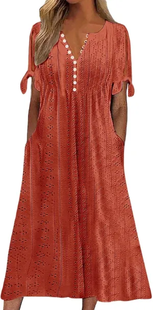 Eyelet Dress for Women V Neck Button Long Dress Loose Fit Flowy Swing Midi Eyelet Skirt with Pockets Vacation Tops for Beach