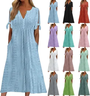 Eyelet Dress for Women V Neck Button Long Dress Loose Fit Flowy Swing Midi Eyelet Skirt with Pockets Vacation Tops for Beach