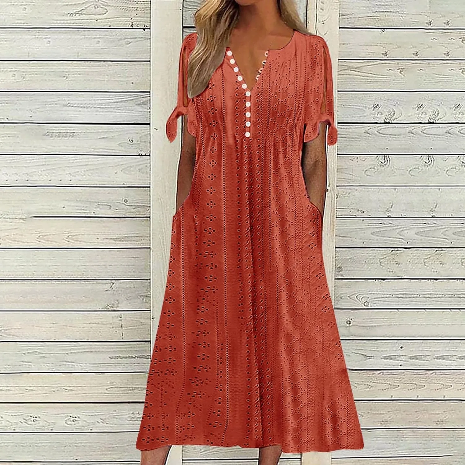 Eyelet Dress for Women V Neck Button Long Dress Loose Fit Flowy Swing Midi Eyelet Skirt with Pockets Vacation Tops for Beach
