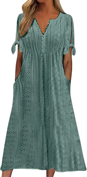 Eyelet Dress for Women V Neck Button Long Dress Loose Fit Flowy Swing Midi Eyelet Skirt with Pockets Vacation Tops for Beach