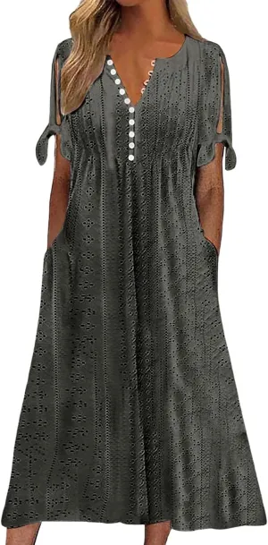 Eyelet Dress for Women V Neck Button Long Dress Loose Fit Flowy Swing Midi Eyelet Skirt with Pockets Vacation Tops for Beach
