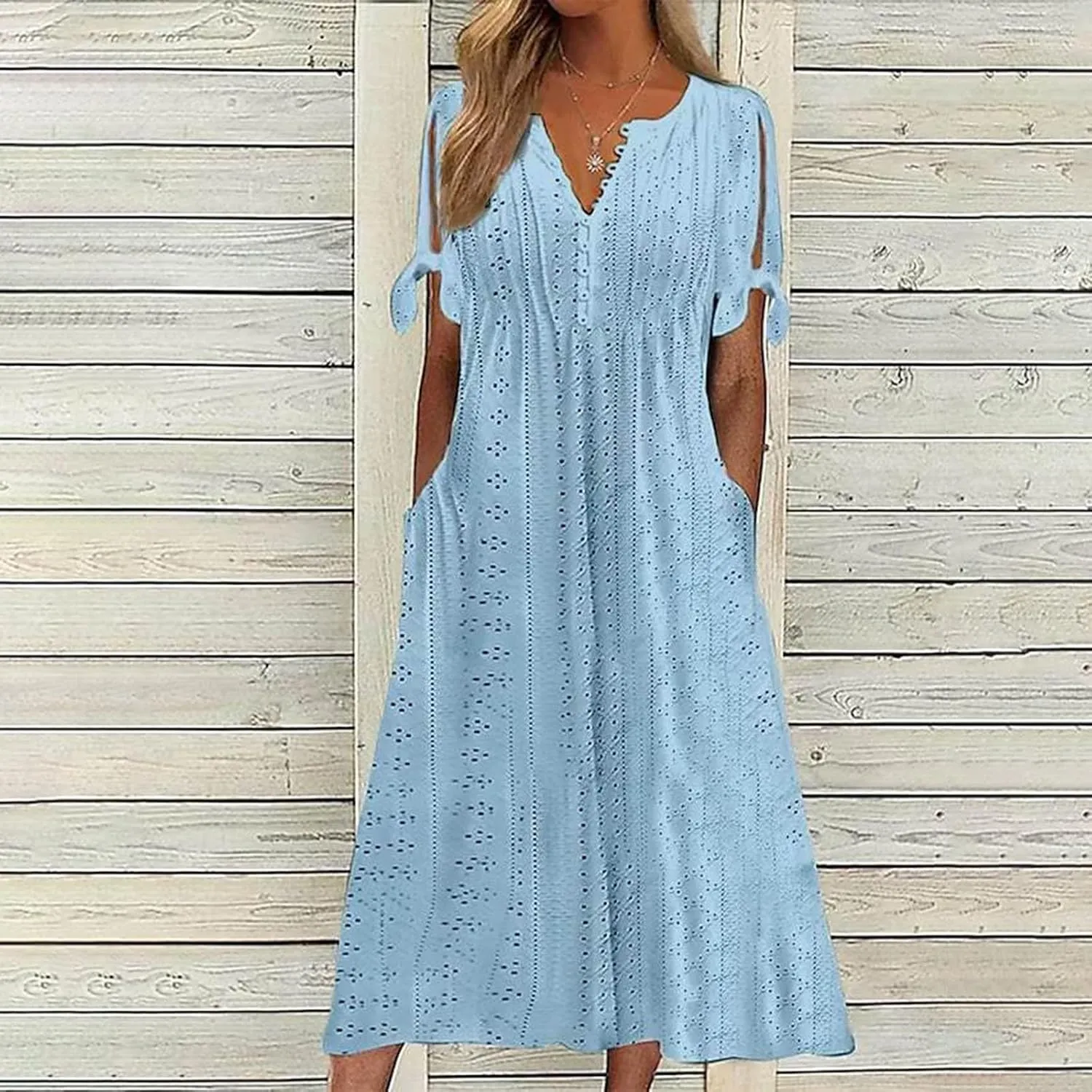 Eyelet Dress for Women V Neck Button Long Dress Loose Fit Flowy Swing Midi Eyelet Skirt with Pockets Vacation Tops for Beach