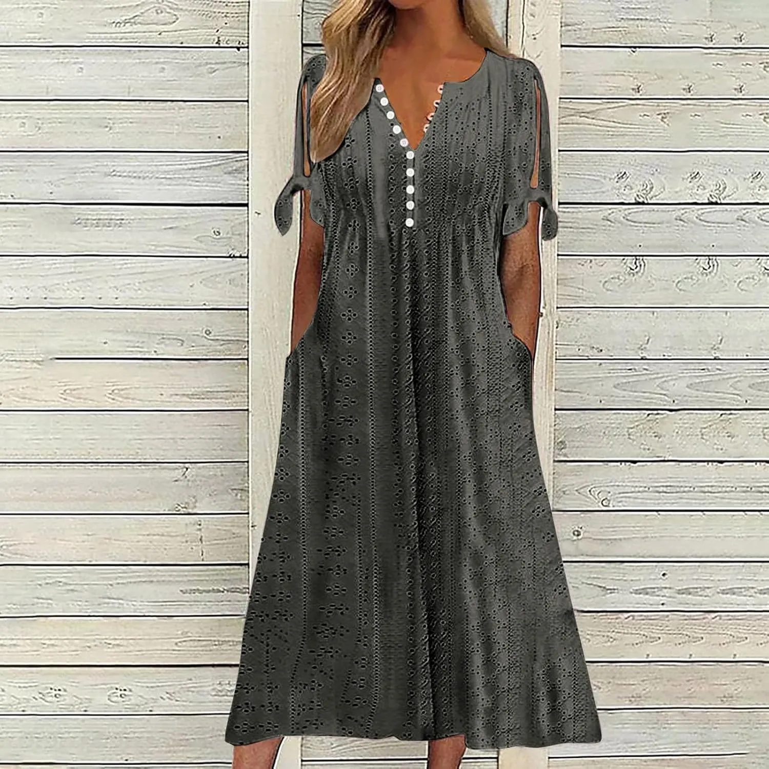 Eyelet Dress for Women V Neck Button Long Dress Loose Fit Flowy Swing Midi Eyelet Skirt with Pockets Vacation Tops for Beach
