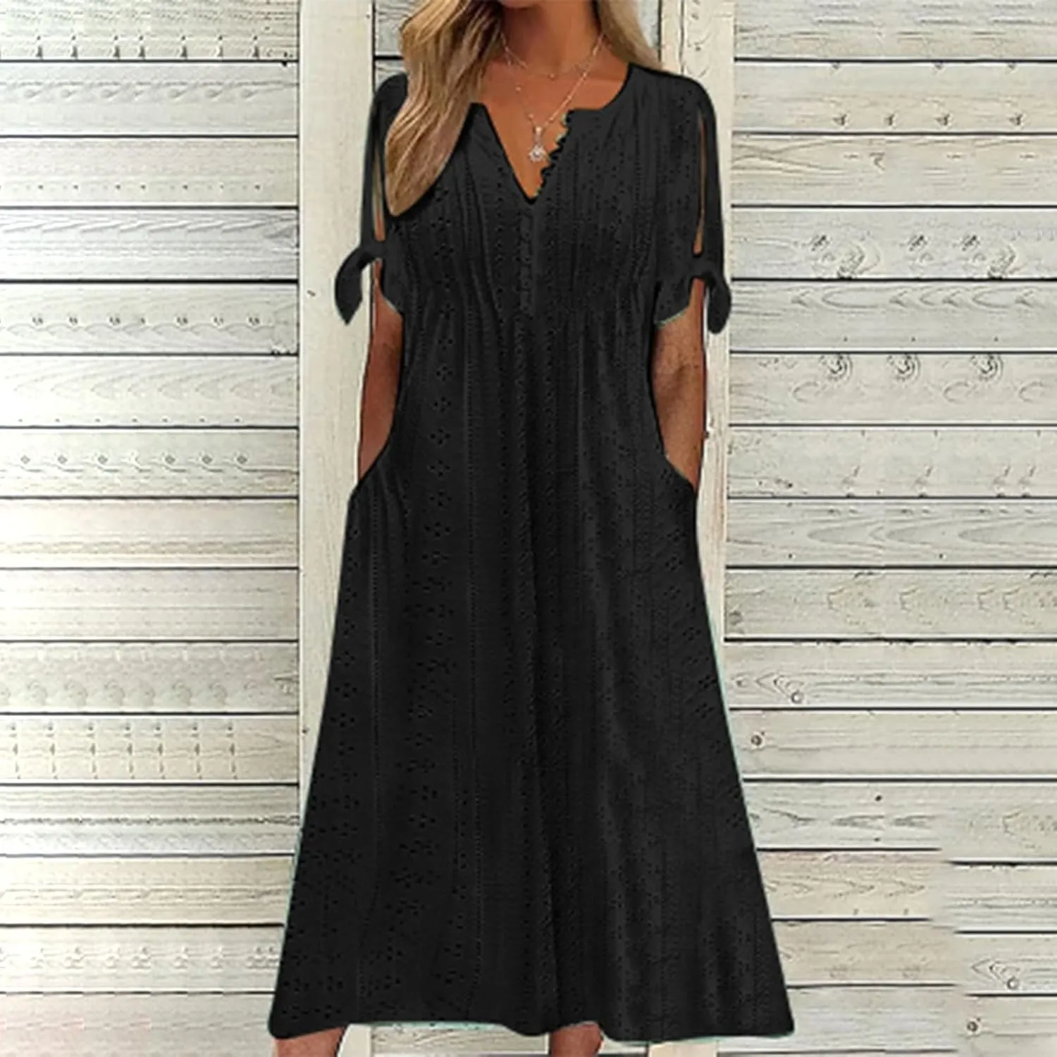 Eyelet Dress for Women V Neck Button Long Dress Loose Fit Flowy Swing Midi Eyelet Skirt with Pockets Vacation Tops for Beach