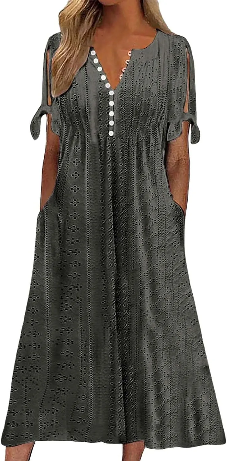 Eyelet Dress for Women V Neck Button Long Dress Loose Fit Flowy Swing Midi Eyelet Skirt with Pockets Vacation Tops for Beach