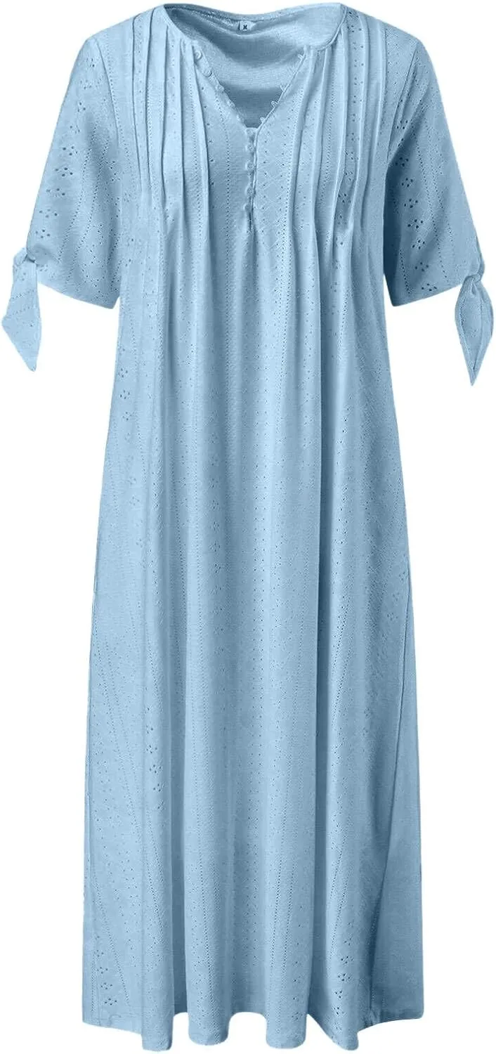 Eyelet Dress for Women V Neck Button Long Dress Loose Fit Flowy Swing Midi Eyelet Skirt with Pockets Vacation Tops for Beach
