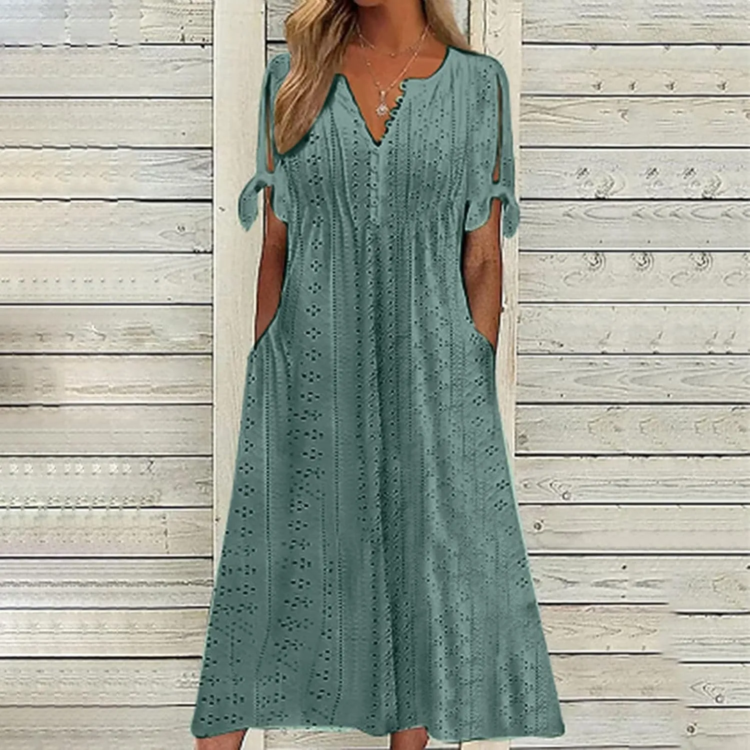 Eyelet Dress for Women V Neck Button Long Dress Loose Fit Flowy Swing Midi Eyelet Skirt with Pockets Vacation Tops for Beach
