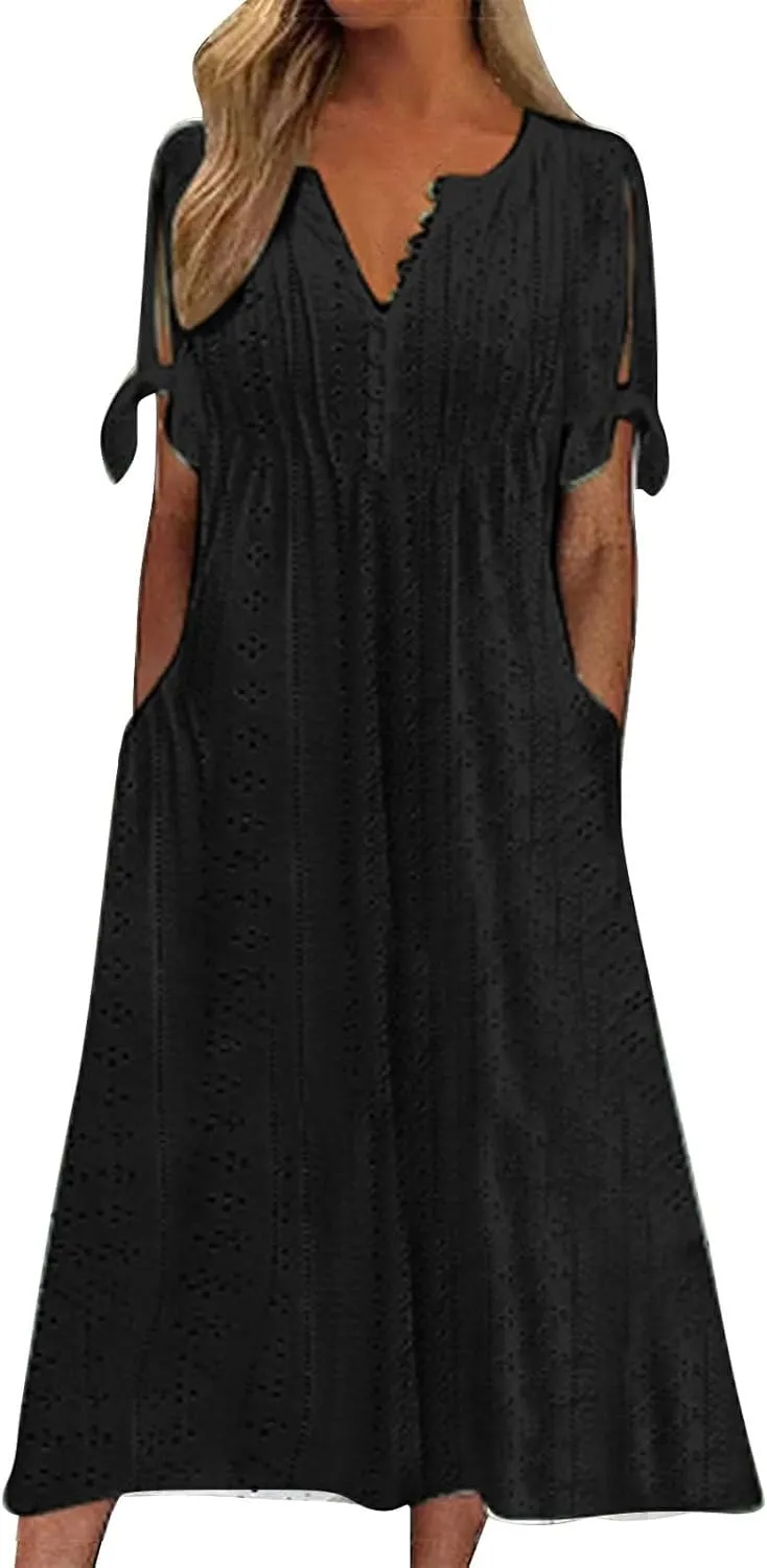 Eyelet Dress for Women V Neck Button Long Dress Loose Fit Flowy Swing Midi Eyelet Skirt with Pockets Vacation Tops for Beach