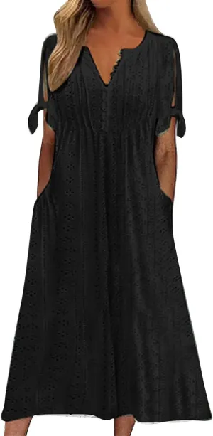 Eyelet Dress for Women V Neck Button Long Dress Loose Fit Flowy Swing Midi Eyelet Skirt with Pockets Vacation Tops for Beach