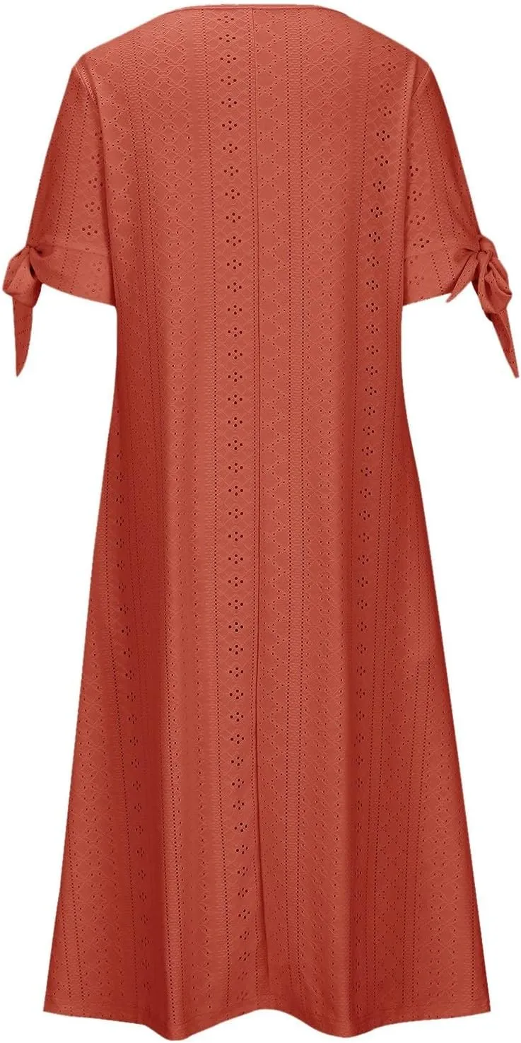 Eyelet Dress for Women V Neck Button Long Dress Loose Fit Flowy Swing Midi Eyelet Skirt with Pockets Vacation Tops for Beach