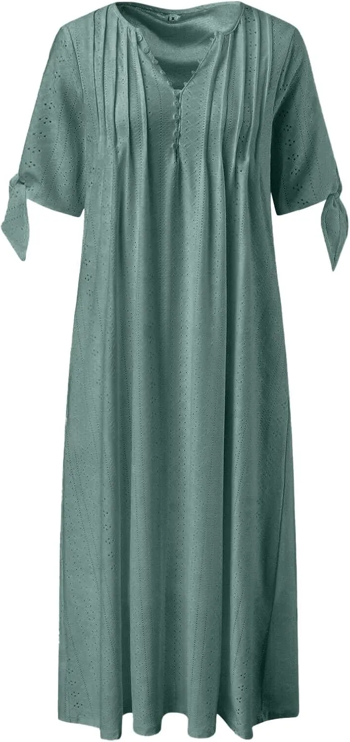 Eyelet Dress for Women V Neck Button Long Dress Loose Fit Flowy Swing Midi Eyelet Skirt with Pockets Vacation Tops for Beach