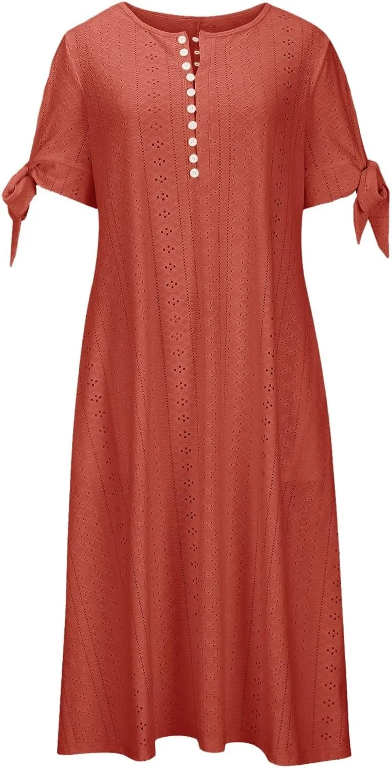 Eyelet Dress for Women V Neck Button Long Dress Loose Fit Flowy Swing Midi Eyelet Skirt with Pockets Vacation Tops for Beach