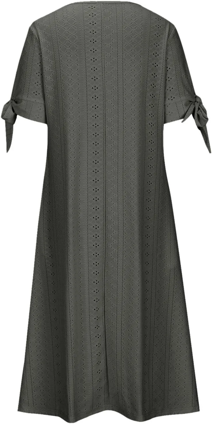 Eyelet Dress for Women V Neck Button Long Dress Loose Fit Flowy Swing Midi Eyelet Skirt with Pockets Vacation Tops for Beach