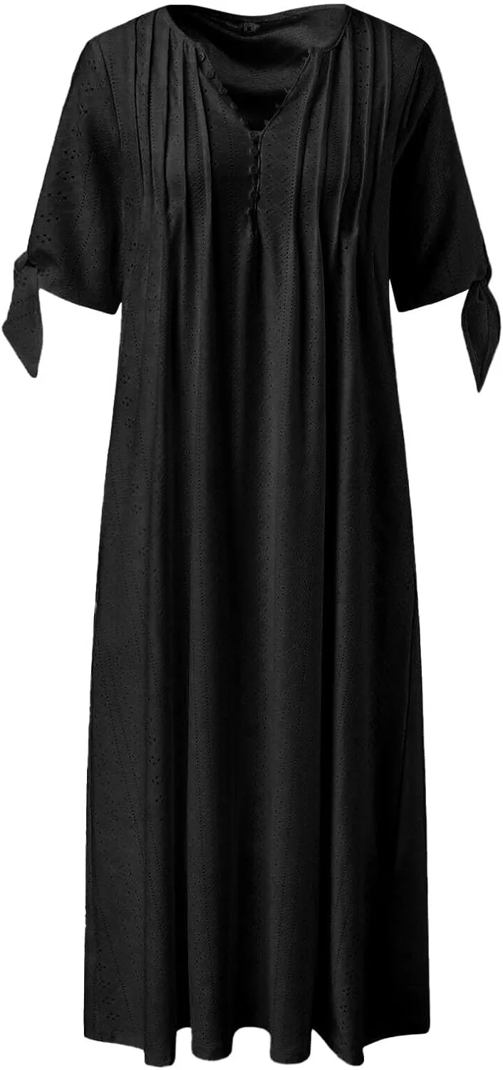 Eyelet Dress for Women V Neck Button Long Dress Loose Fit Flowy Swing Midi Eyelet Skirt with Pockets Vacation Tops for Beach