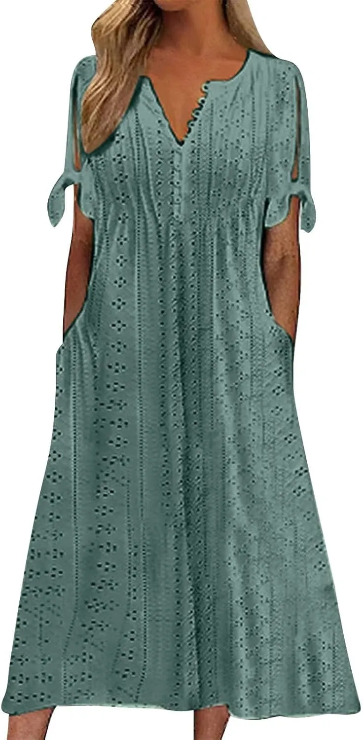 Eyelet Dress for Women V Neck Button Long Dress Loose Fit Flowy Swing Midi Eyelet Skirt with Pockets Vacation Tops for Beach
