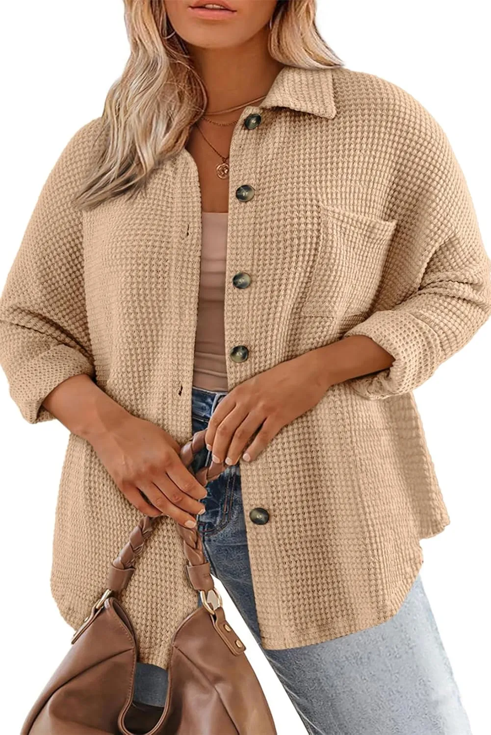 Eytino Womens Plus Size Boyfriend Shirts Casual Long Sleeve Button Down Oversized Waffle Knit Shacket Jacket(1X-5X)