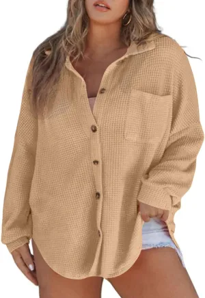 Eytino Womens Plus Size Boyfriend Shirts Casual Long Sleeve Button Down Oversized Waffle Knit Shacket Jacket(1X-5X)