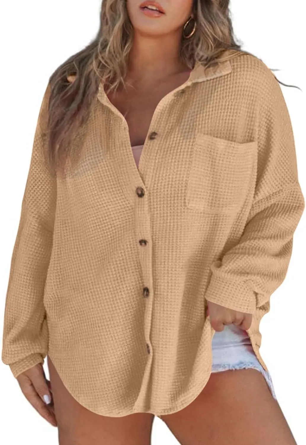 Eytino Womens Plus Size Boyfriend Shirts Casual Long Sleeve Button Down Oversized Waffle Knit Shacket Jacket(1X-5X)