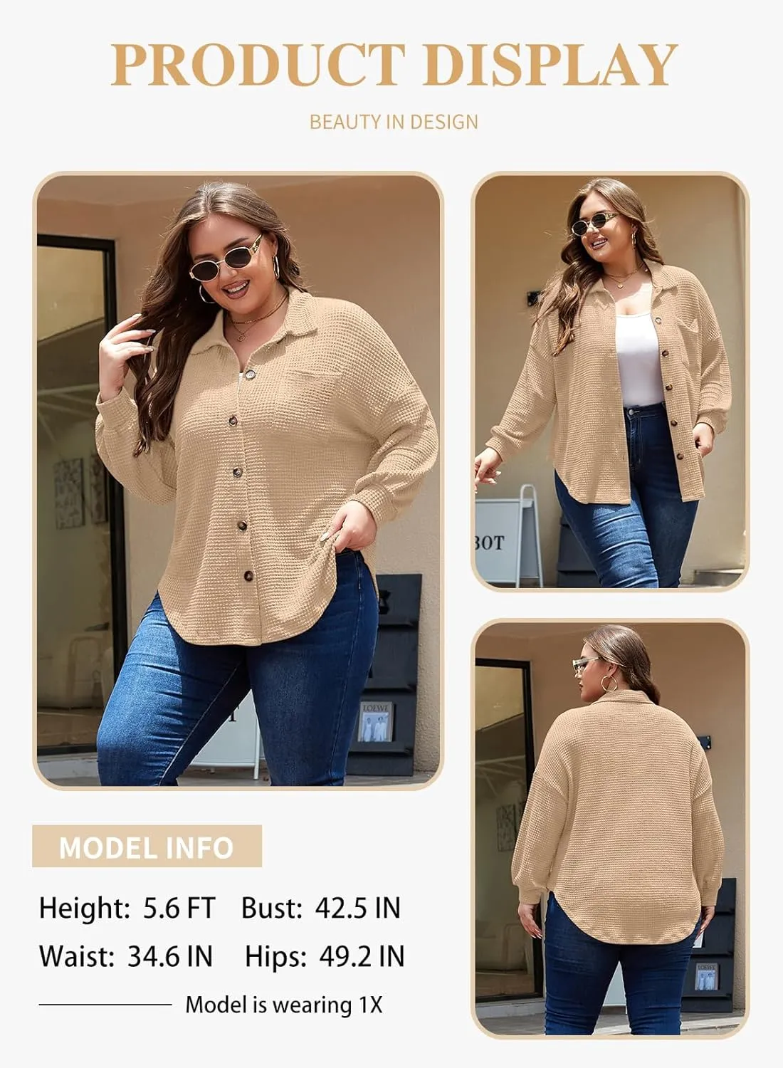 Eytino Womens Plus Size Boyfriend Shirts Casual Long Sleeve Button Down Oversized Waffle Knit Shacket Jacket(1X-5X)