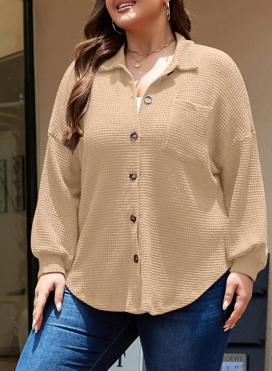 Eytino Womens Plus Size Boyfriend Shirts Casual Long Sleeve Button Down Oversized Waffle Knit Shacket Jacket(1X-5X)