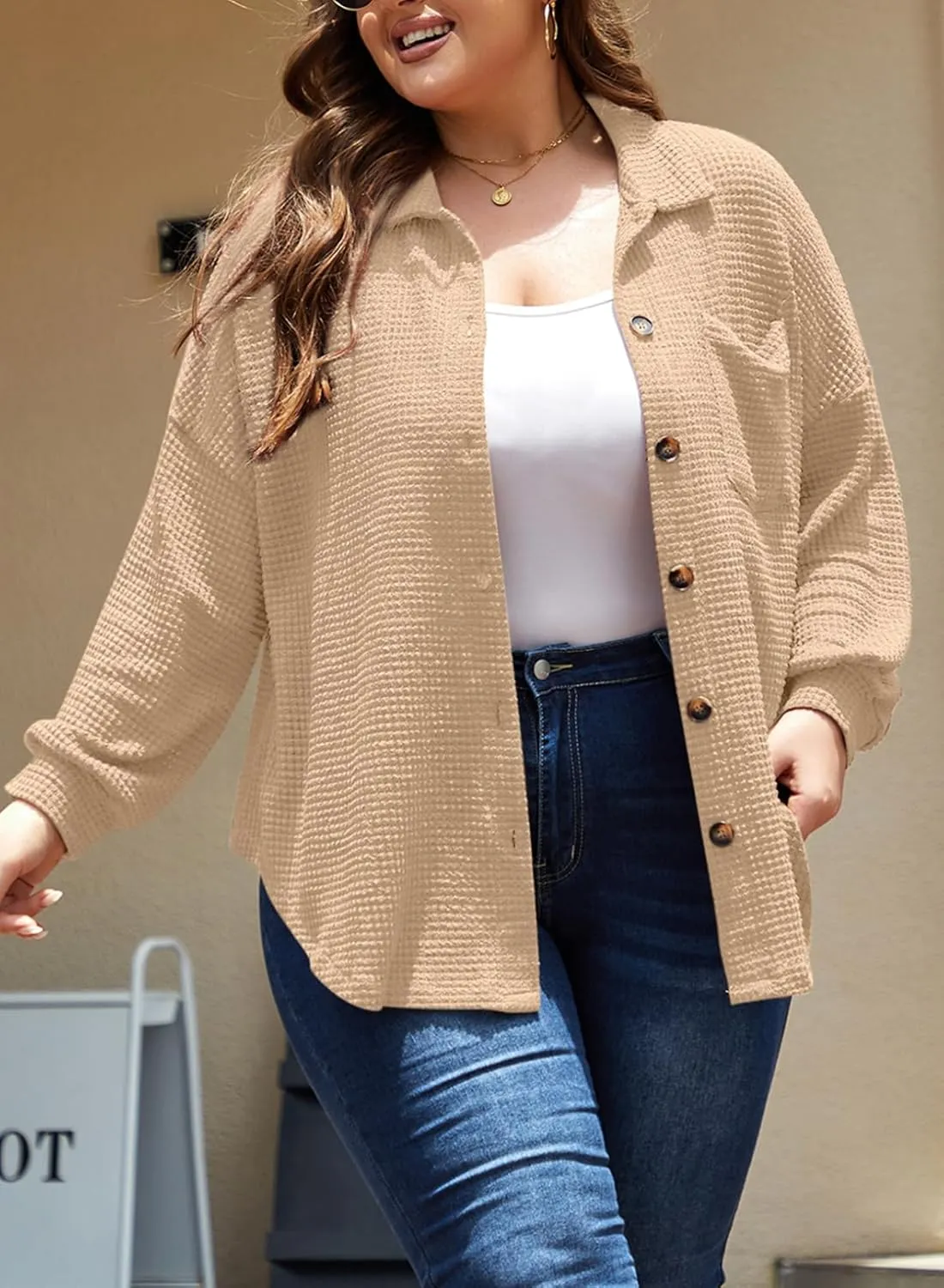Eytino Womens Plus Size Boyfriend Shirts Casual Long Sleeve Button Down Oversized Waffle Knit Shacket Jacket(1X-5X)
