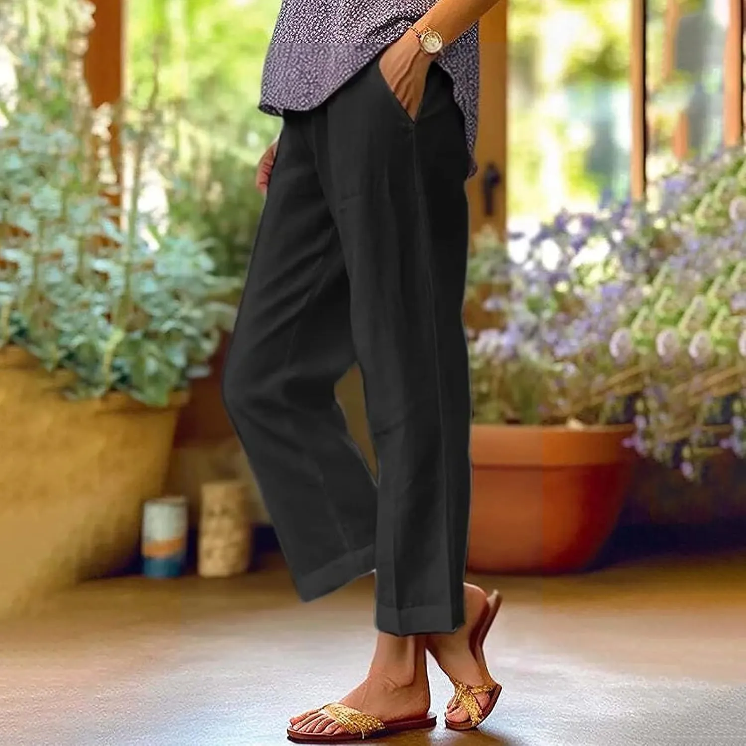 Fleece Lined Leggings Women Elastic Pants Long Drawstring Linen Women Waist Cotton Casual Trousers with Side Pockets