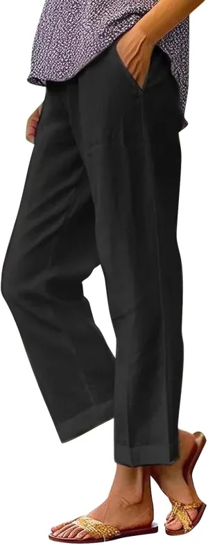 Fleece Lined Leggings Women Elastic Pants Long Drawstring Linen Women Waist Cotton Casual Trousers with Side Pockets