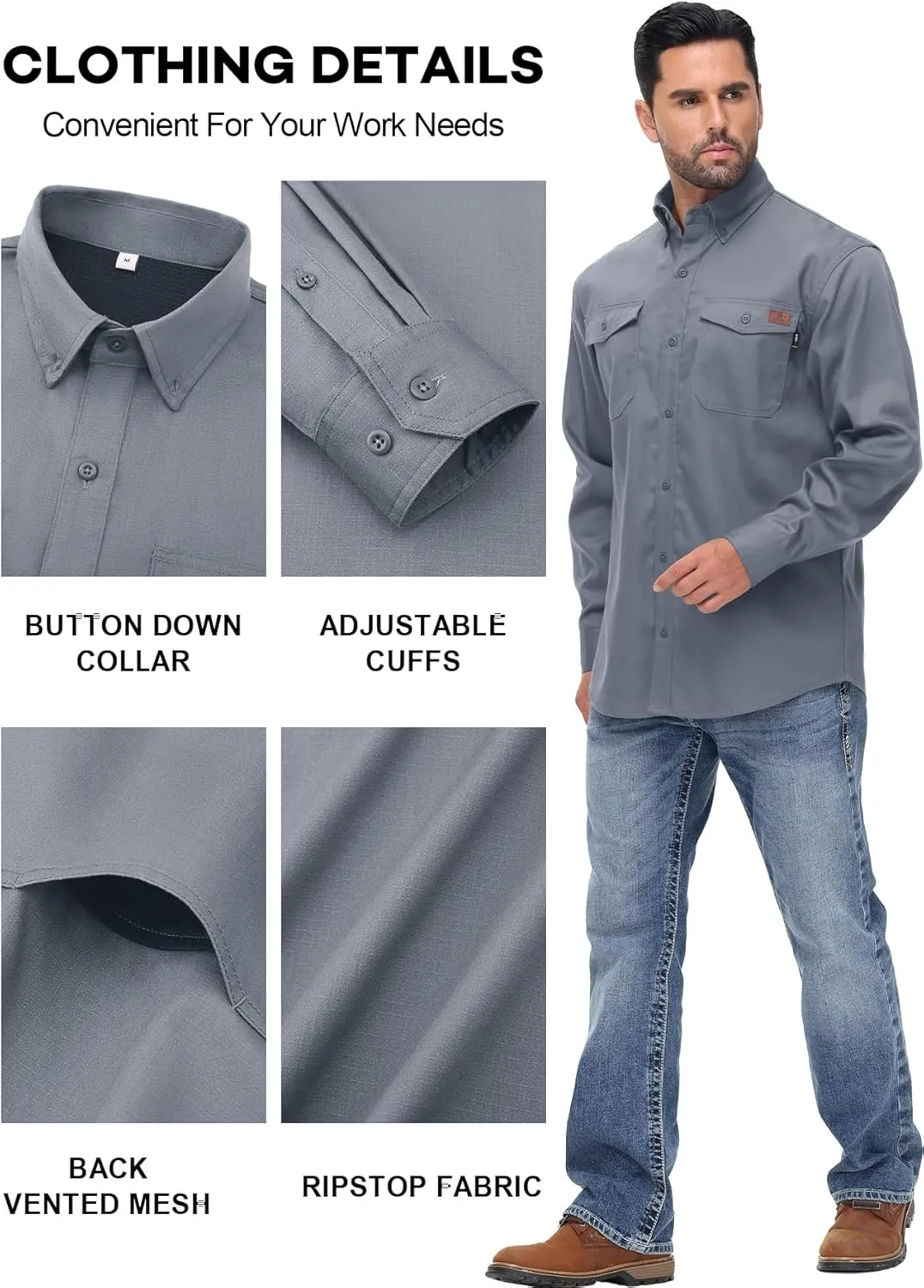 FR Shirt for Men 6oz Ripstop Lightweight Back Vented Mesh Breathable Flame Resistant CAT2 NFPA2112 Welding Shirts