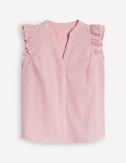 Frill Sleeve Seersucker Top-Pink Rose Fine Stripe