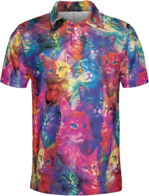 Funny Cat Polo Shirts for Men - Galaxy Cat Men's Regular Fit Quick Dry Golf Polo Shirt Series 04