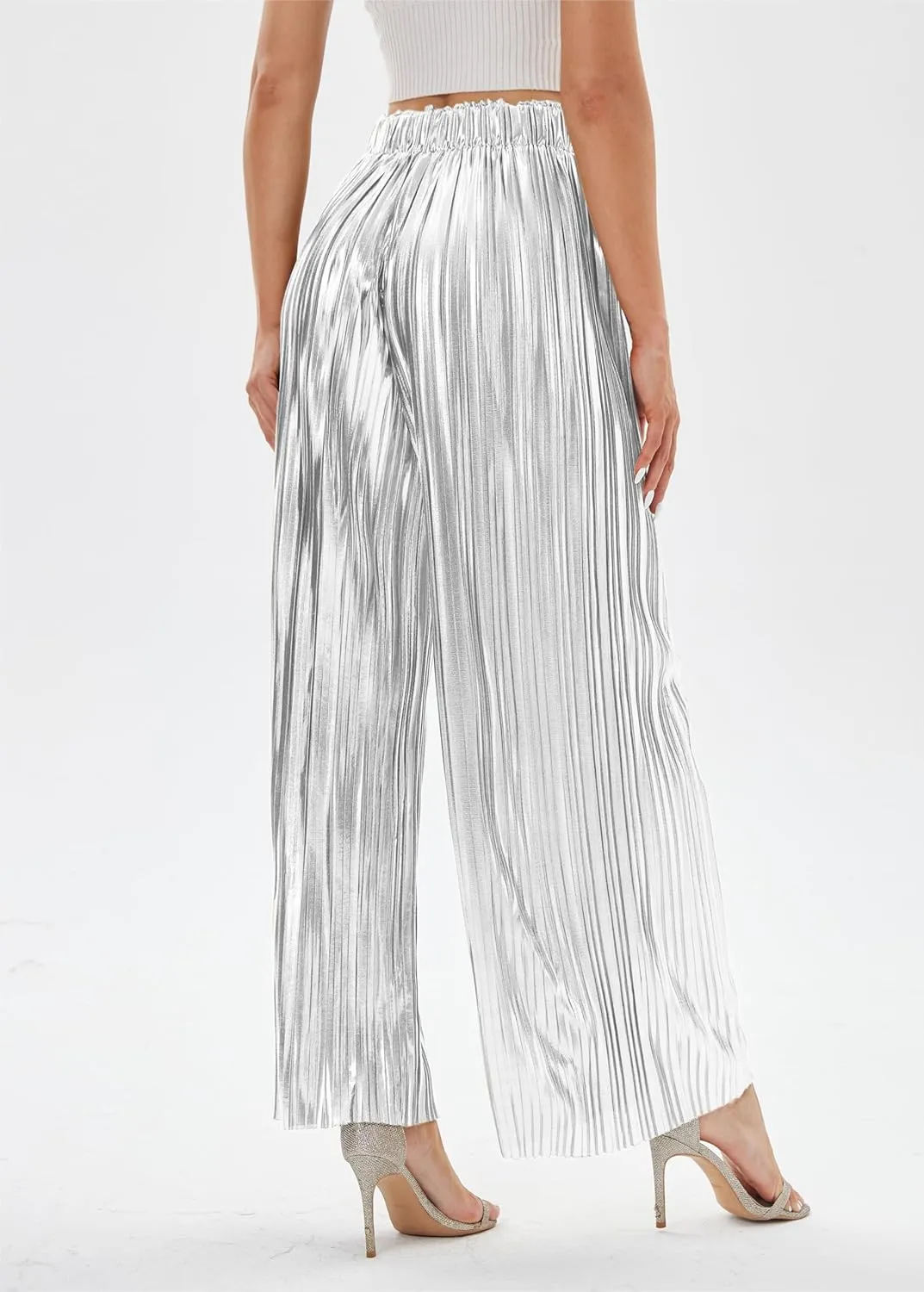 heipeiwa Women's Shiny Pleated Wide Leg Pants Party Nightout High Waist Trouser Folded Lightweight Outfit Clubwear