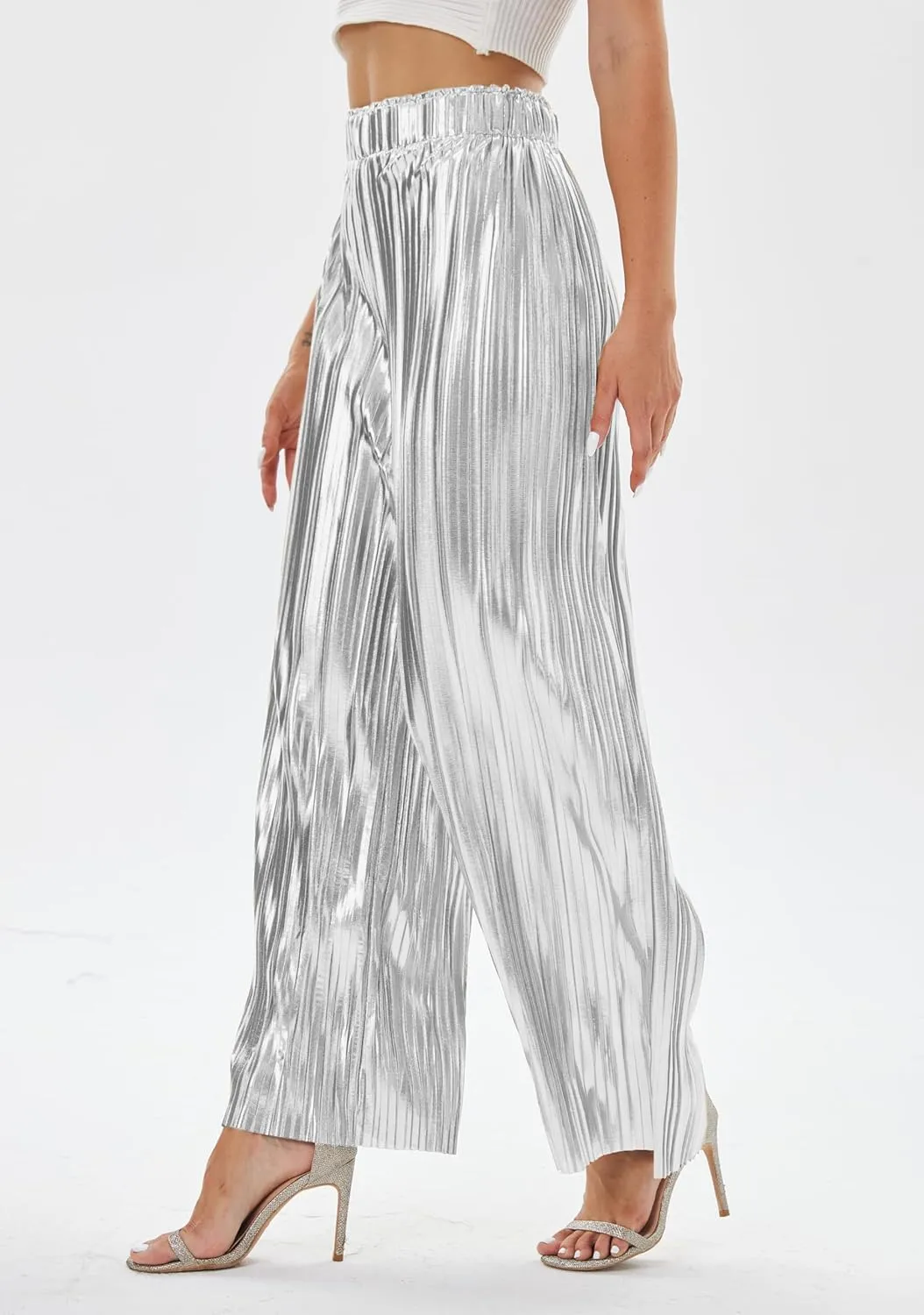 heipeiwa Women's Shiny Pleated Wide Leg Pants Party Nightout High Waist Trouser Folded Lightweight Outfit Clubwear