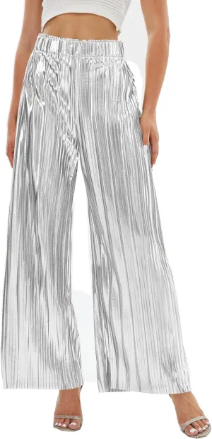 heipeiwa Women's Shiny Pleated Wide Leg Pants Party Nightout High Waist Trouser Folded Lightweight Outfit Clubwear