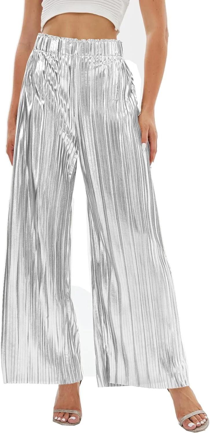 heipeiwa Women's Shiny Pleated Wide Leg Pants Party Nightout High Waist Trouser Folded Lightweight Outfit Clubwear